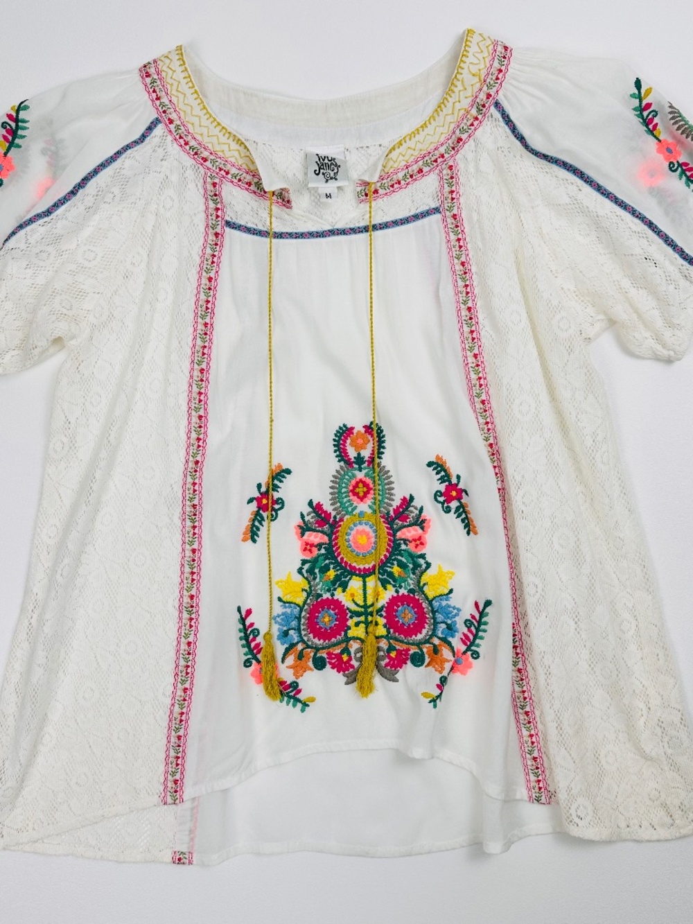 ivy jane White Embroidered Boho Peasant Blouse with Multicolor Floral Accents